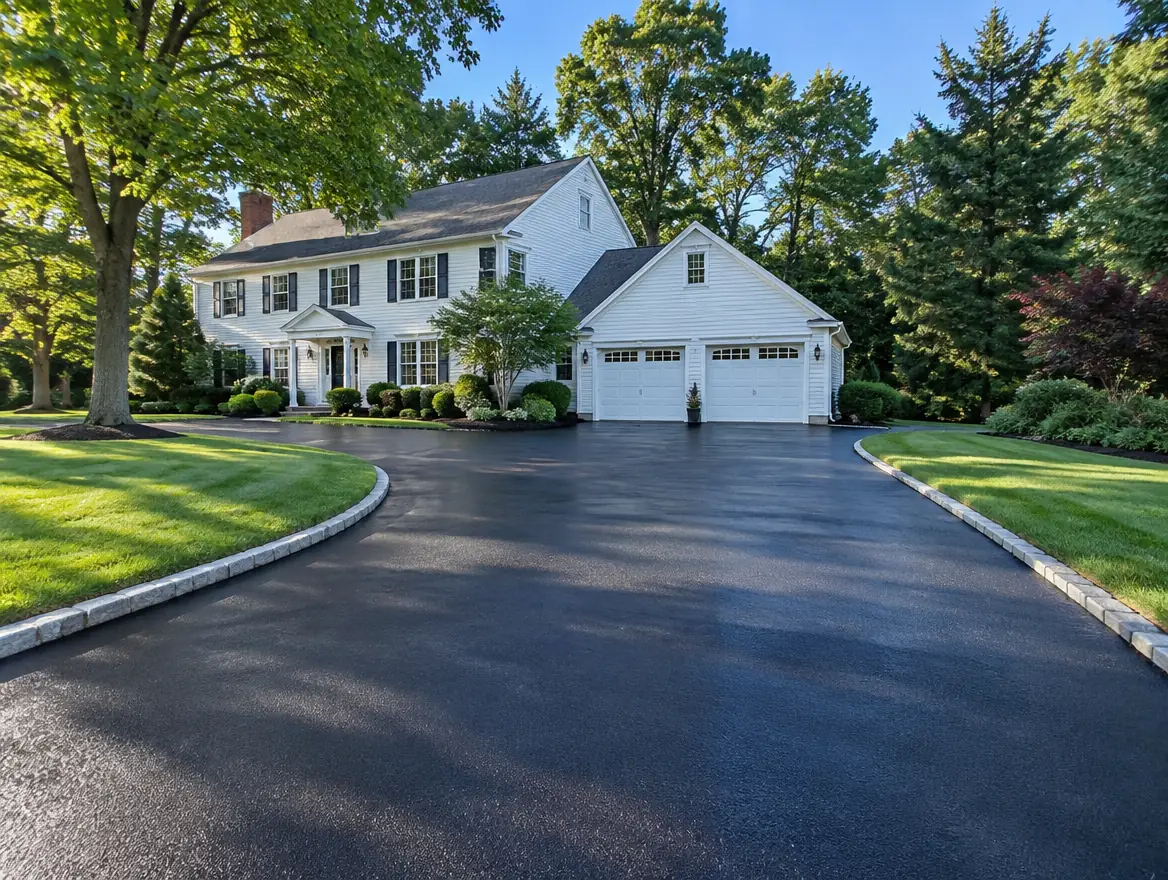 Freshly sealed asphalt driveway leading to a colonial home