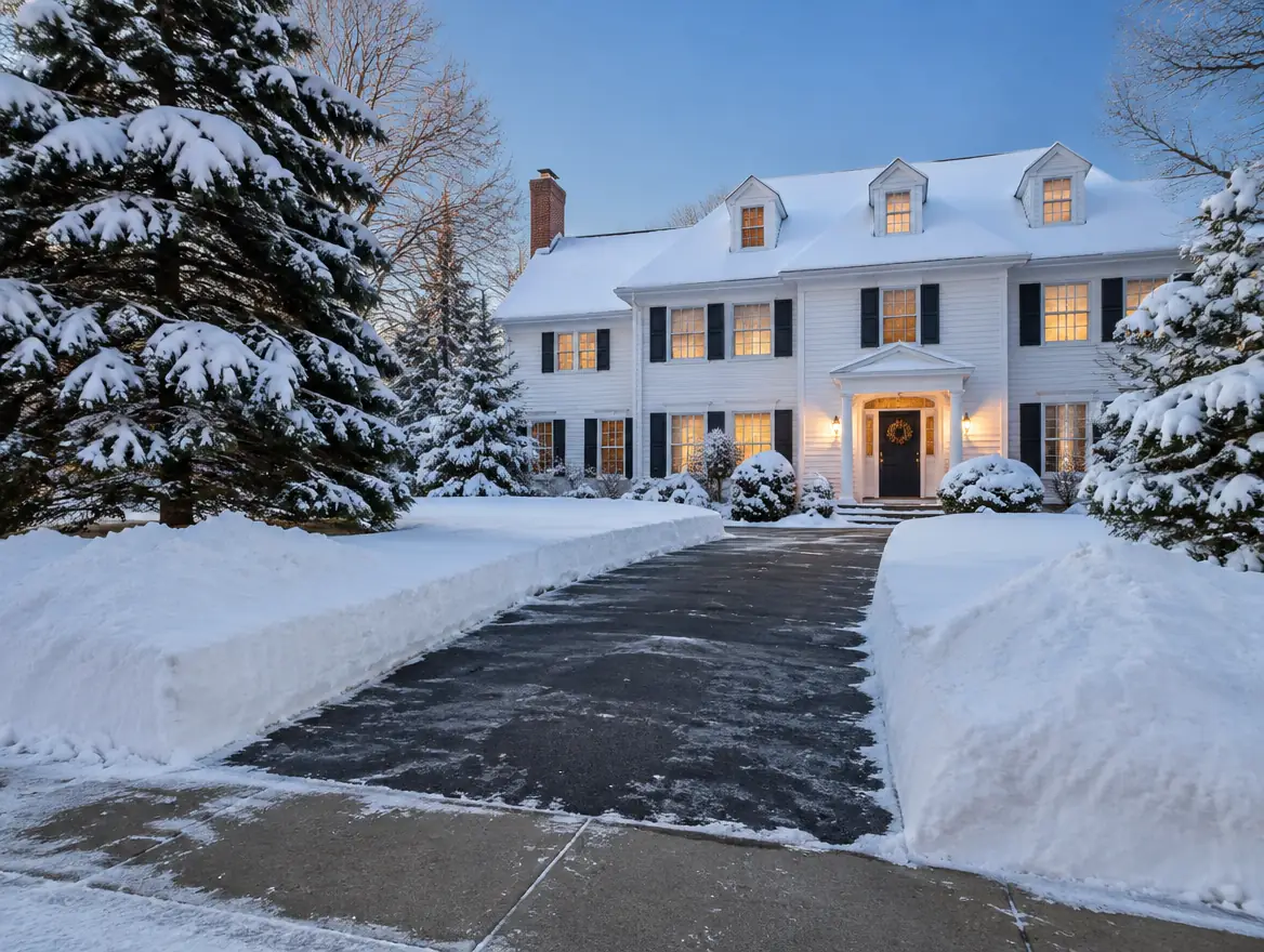 Driveway and sidewalk cleared of snow in front of a colonial home